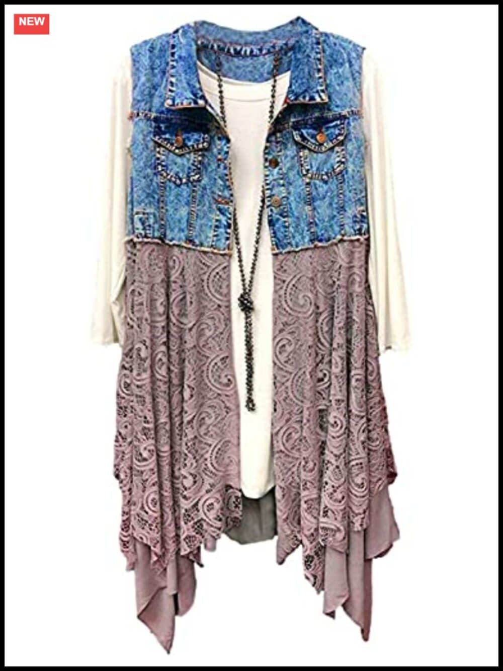 Women's Sleeveless Denim Vest Irregular Lace Hem Patchwork Midi Jean Vest
